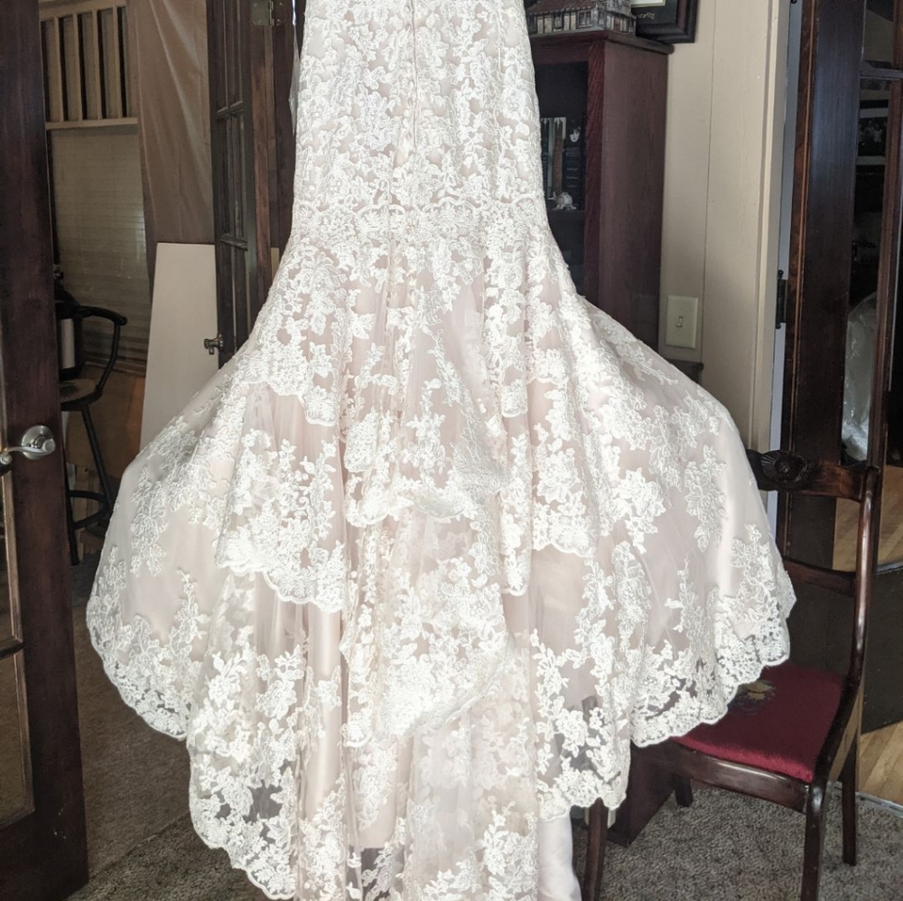 Strapless Lace Dramatic Train Wedding Dress Ivory Champagne Size 8 - Picture 10 of 12